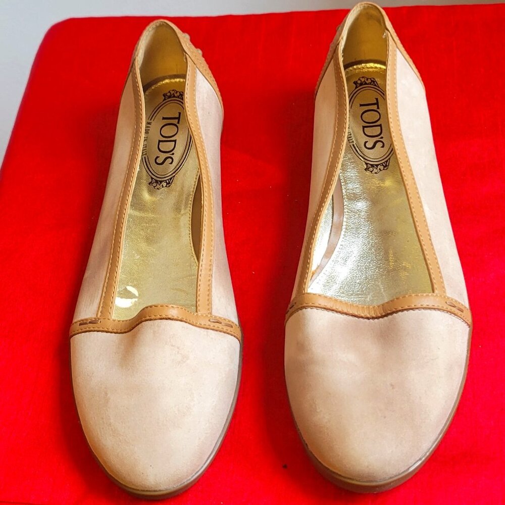 Tod's Beige and Tan Leather Suede Flats